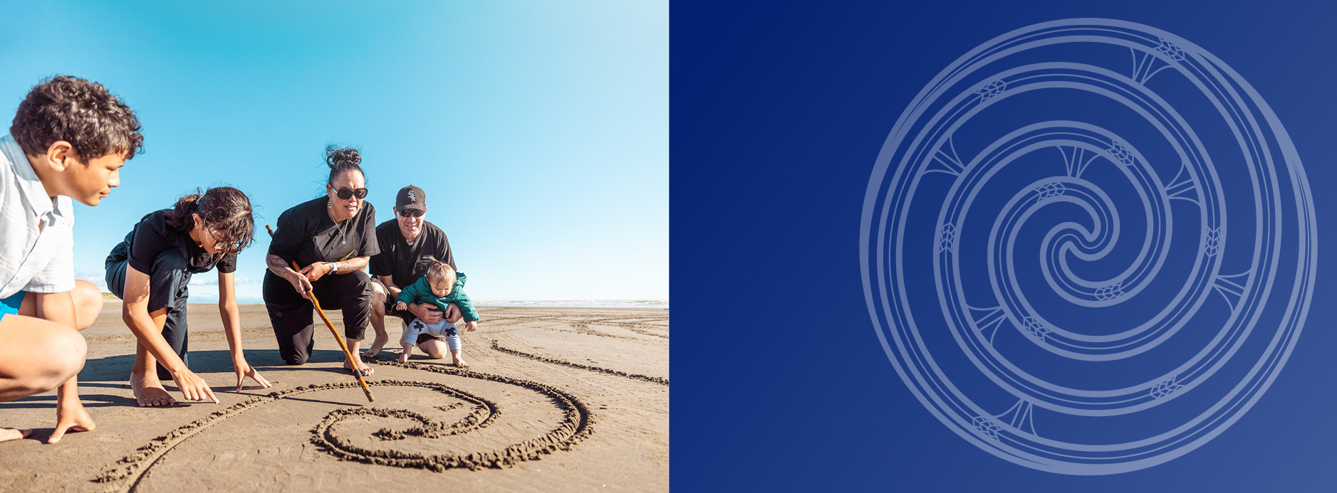 Photo of a family drawing in the sand on the beach